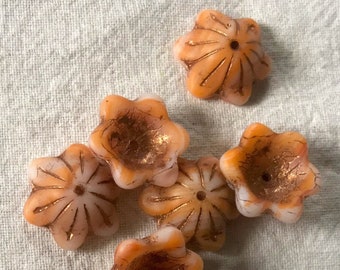 12mm Wide Bell Flower Cup Czech Glass Beads - Rust Orange and White with Copper Accents  - 10 Beads