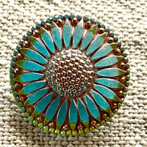 Botón de cristal checo con forma de girasol - Turquesa aguamarina con cobre y oro - 32 mm - 1 1/4 pulgadas