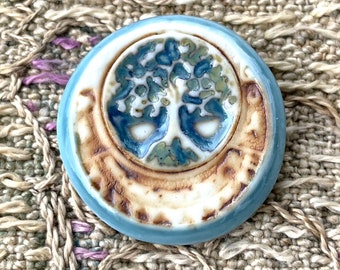 Porcelain Round Tree Pendant - Handmade USA Artist - 1 3/8 Inches - 35mm