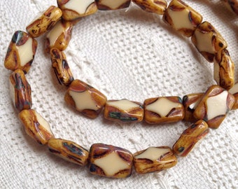 Czech 12x8mm Flat Rectangle with Diamond Table Cut Artisan Picasso Beads--15 Pieces-- Bone / Beige with Picasso Edges