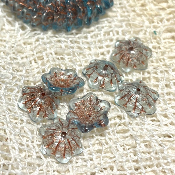 Czech Glass 12mm Wide Bell Flower Cup Beads - Aqua with Copper Lines - 10