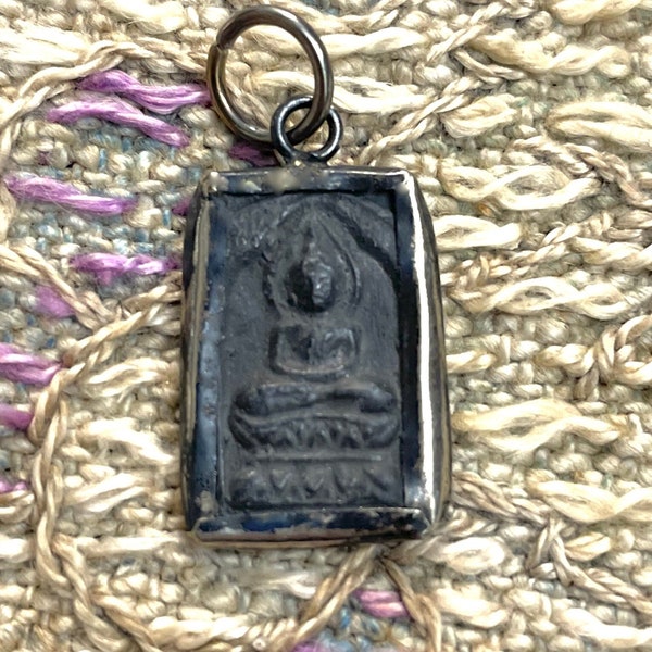 Small Brass or Bronze Rustic Seated Buddha Pendant from Thailand - 7/8 Inch - 22mm