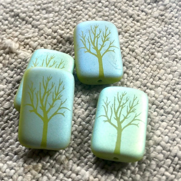 Tree Bead 12x18mm Czech Artisan Flat Rectangle Laser Etched Rainbow - Two Tone Green - Set of TWO