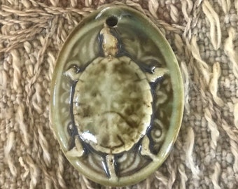 Porcelain Turtle Pendant - Handmade USA Artist - 1 3/8 Inches - 36 mm