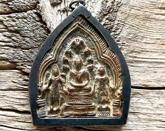 Large Brass or Bronze Sitting Buddha Pendant from Thailand - 2 3/4 Inches (70mm)