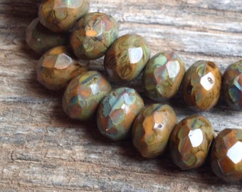 Czech Glass 6x9mm Faceted Rondelle Rondell Earthy Artisan Picasso Beads - Mustard Orange Brown,  Olive and Sage Green - 25 Beads