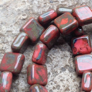 Czech Picasso Artisan 8mm Flat Square Beads - Muted Coral with Sage Green Picasso - 15 Beads