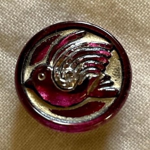 Czech Glass Bird Button - 18mm - Penny Size - 3/4 Inch Hand Painted Burgandy Matte with Antique Bronze