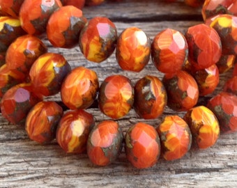 Czech Artisan 6x9mm Faceted Fire Polish Rondell Rondelle Picasso Beads--Opaque Orange and Yellow with Picasso Edges - 25 Beads