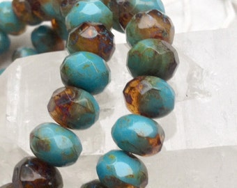 Czech Artisan 6x9mm Faceted Glass Rondell Rondelle Beads--Opaque Turquoise and Topaz with Picasso Finish--25 Beads