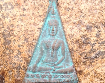 Brass Patina Verdigris Seated Buddha Triangle Pendant from Thailand - 2 Inches - 50 mm