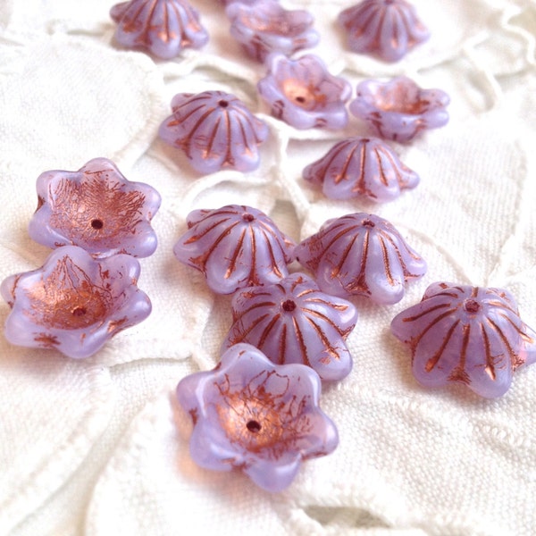 12mm Wide Bell Flower Cup Czech Glass Beads - Lavender Violet  Opal with Copper Lines Wide Bell Flower Cup Beads - 6 Beads