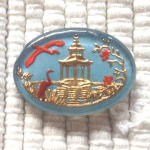 Vintage German Reverse Intaglio Glass Cabochon - Pagoda and Birds - 18x24mm