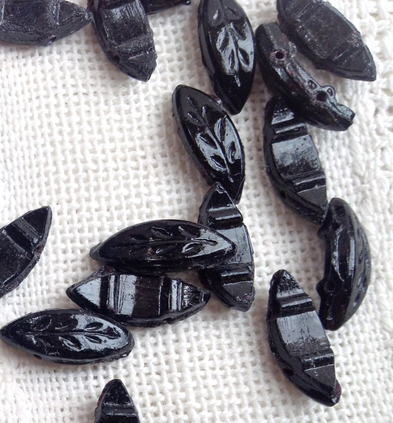 Antique Vintage Black Oval Leaf Shape Two Hole Glass Nailhead - 12 Pieces - 5x12mm