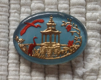 Vintage German Reverse Intaglio Glass Cabochon - Pagoda and Birds - 18 x 24 mm