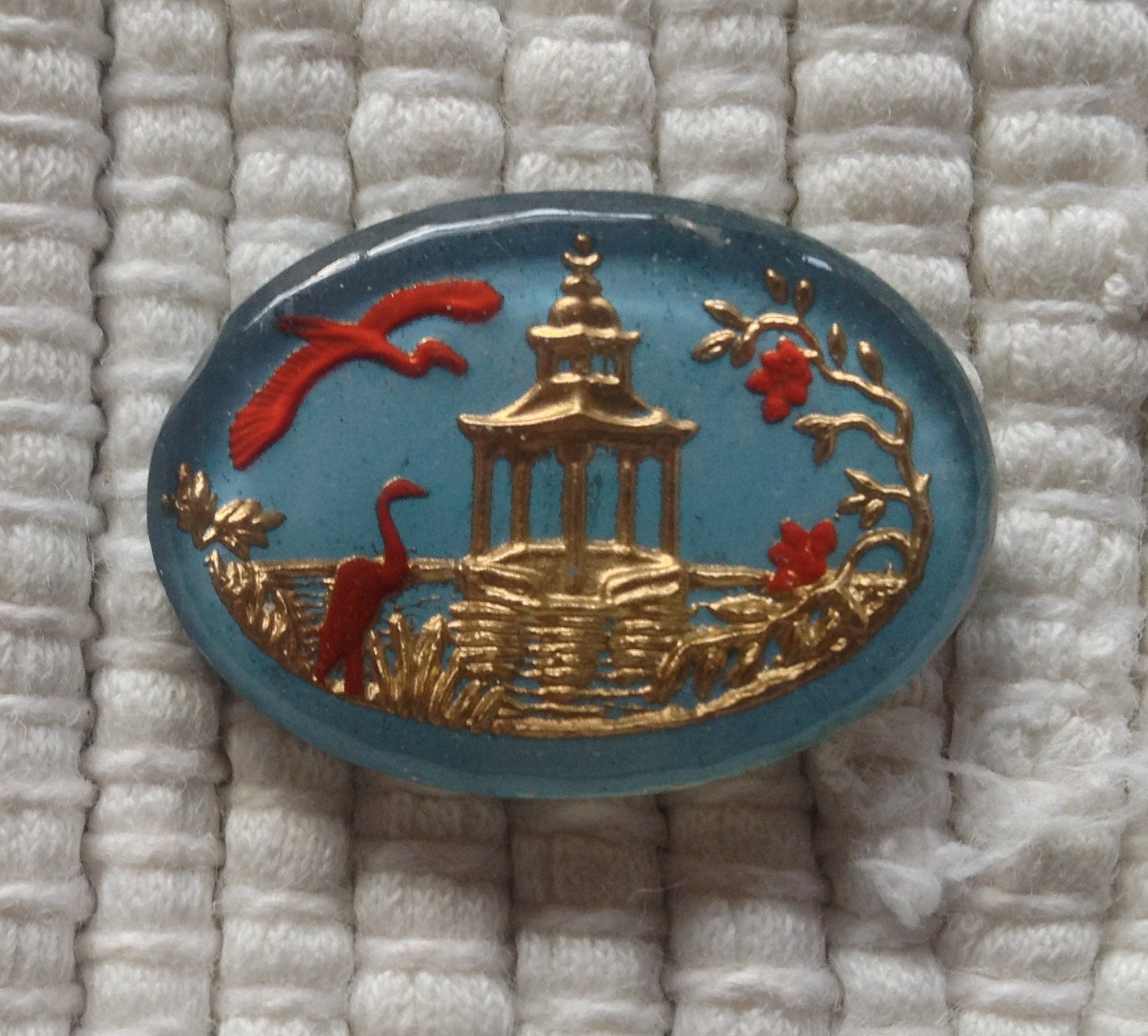 Vintage German Reverse Intaglio Glass Cabochon - Pagoda and Birds - 1…