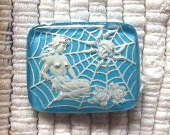 Vintage German Reverse Intaglio Glass Cabochon - Blue and White Lady and Spider -  Aracne - Athena 28 x 22 mm