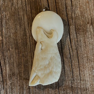Large Carved Bone Wolf Howling at Moon Pendant - 2 5/8 Inches - 70mm