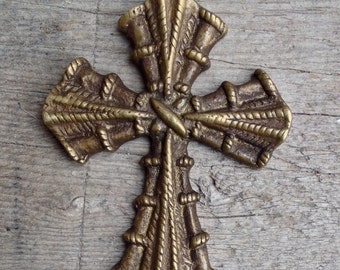 Large Rustic Brass Cross Pendant - 2 3/8 Inches - 60 mm