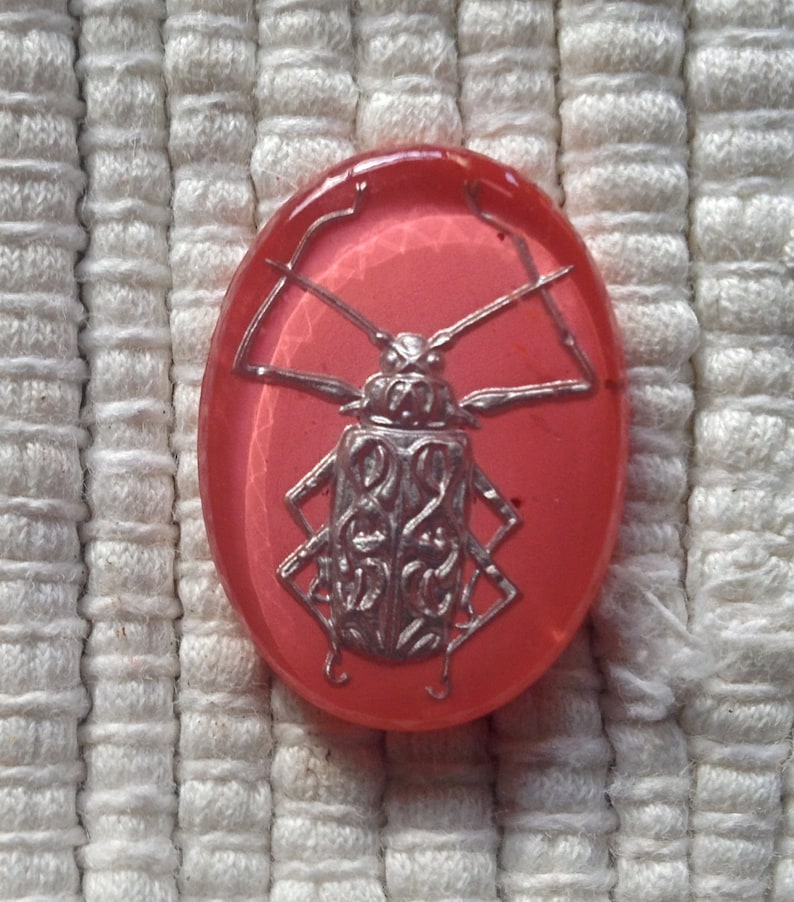 18 x 24 mm Pink /& Silver Bug Vintage Glass German Reverse Intaglio Cabochon