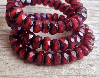 Deep Red Czech Glass Artisan 3x5mm Faceted Fire Polish Rondell Picasso Beads - 30