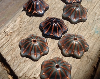 Czech 12 mm Wide Bell Flower Cup Glass Beads - Black and Gray with Copper Lines - 10