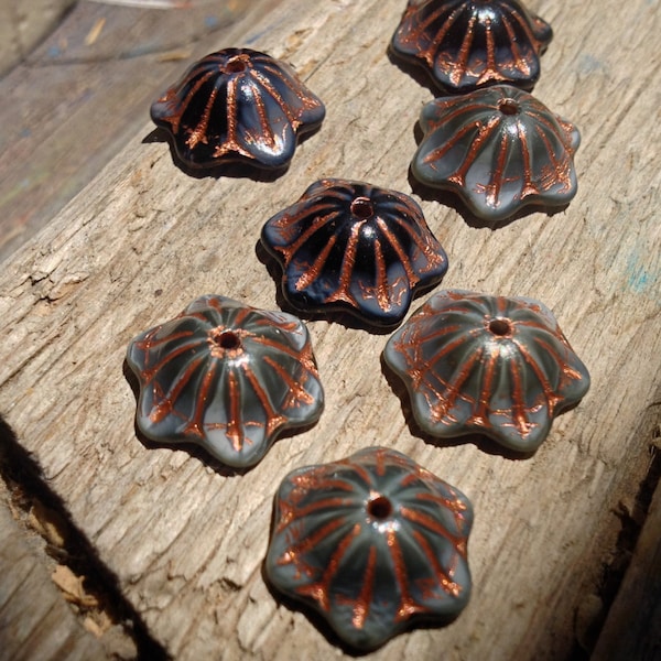 Czech 12 mm Wide Bell Flower Cup Glass Beads - Black and Gray with Copper Lines - 10