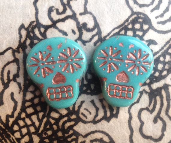 Czech glass Sugar Skull Beads 4 beads 20mm x 17mm Turquoise with Gold