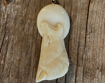 Large Carved Bone Wolf Howling at Moon Pendant - 2 5/8 Inches - 70 mm