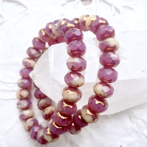 Czech Artisan 6x9mm Faceted Rondelle Rondell Two Tone Glass Beads-- Rose Opal and Bone / Ivory with Copper Edges