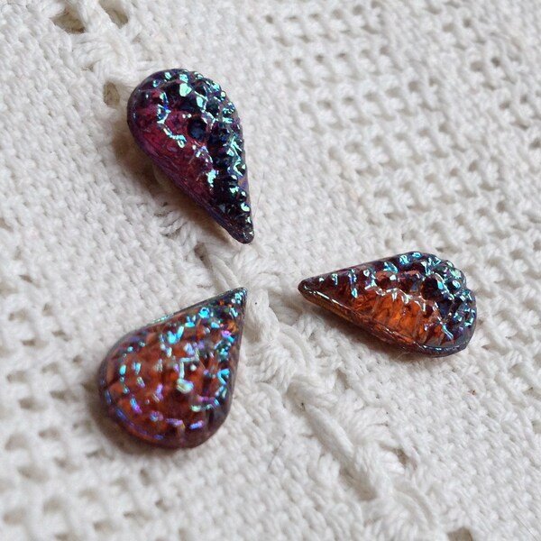 Vintage German Teardrop Topaz Amber  with Iridescence Glass Sugar Stones Cabochons-13 x 8 mm - Set of 3