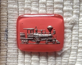 Vintage German Reverse Intaglio Glass Cabochon--Silver Train Pink Background--28 x 22 mm
