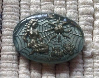 Vintage German Glass Reverse Intaglio Cabochon - Woman and Spider - Aracne - Athena - 24 x 18 mm