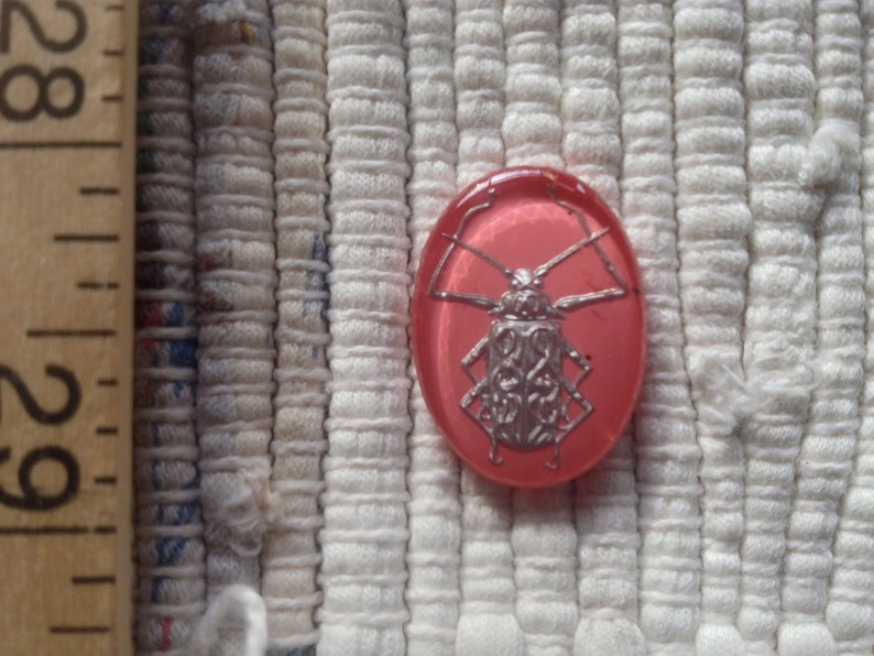 18 x 24 mm Pink /& Silver Bug Vintage Glass German Reverse Intaglio Cabochon