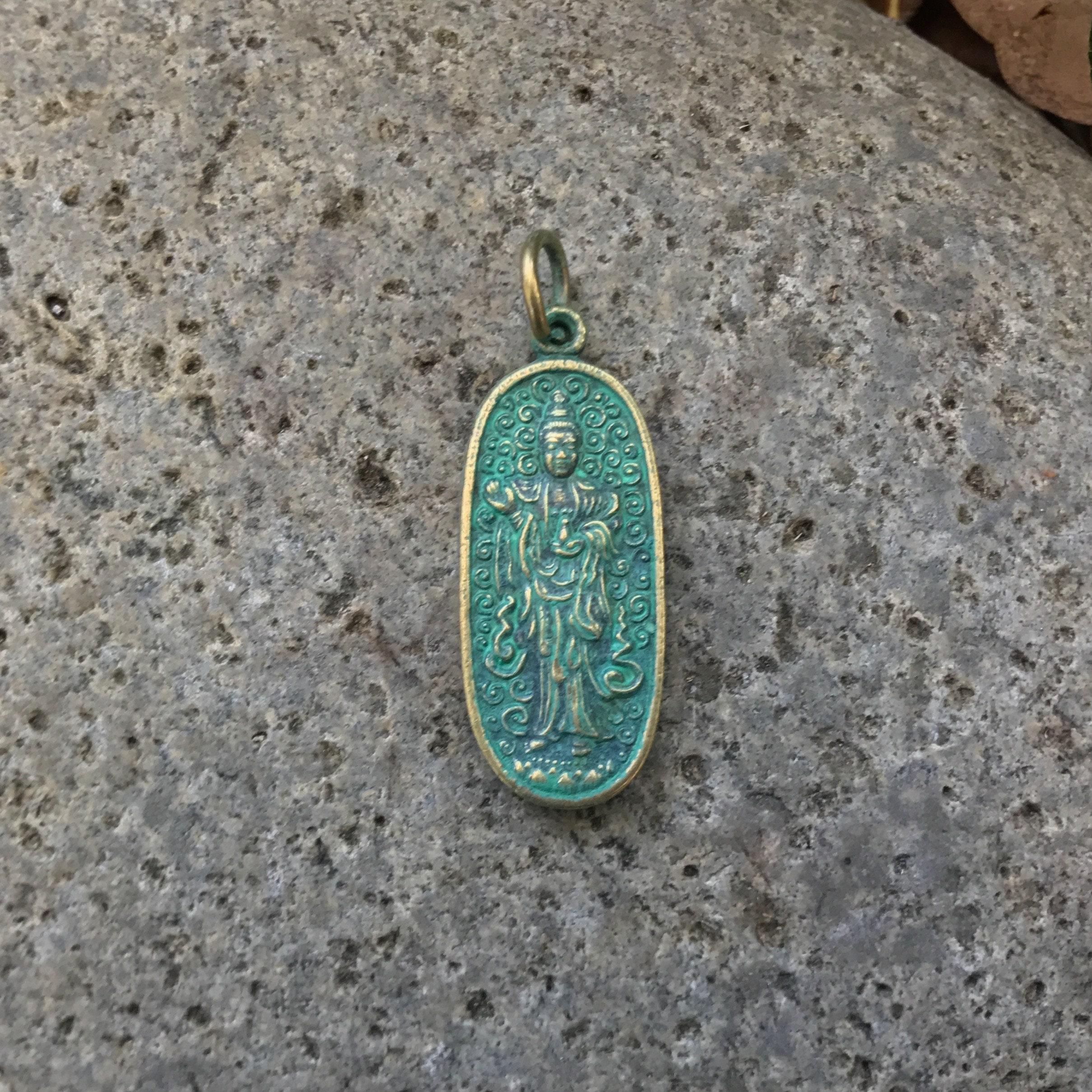 Small Green Brass Kwan YIn Pendant from Thailand