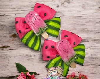 Watermelon Pigtail Ribbon Hair Bows For Girls | Pink Watermelon Hair Bow | Watermelon Hair Bow | Summer Hair Bow | Fruit Hair Bow | Piggies