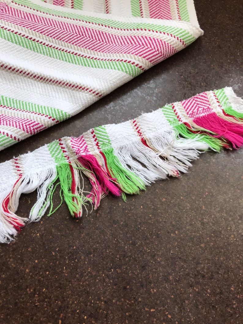 Hot Pink Red Watermelon! Handwoven Cotton Hand Towel Bread Cover Lime Green Great Hostess Gift White Tan