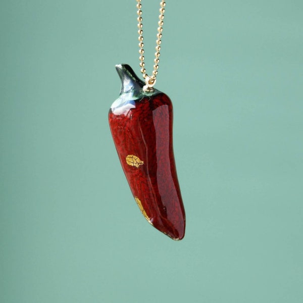 Chilli pepper pendant, gold pendant, red glazed, gold covered,  real shape and form chilli pepper, ceramic pendant covered with real gold