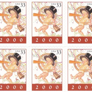 May include: A sheet of ten 33-cent postage stamps featuring a baby in a top hat blowing a horn. The stamps are red and white with the text "USA 33" and "2000" on each stamp.