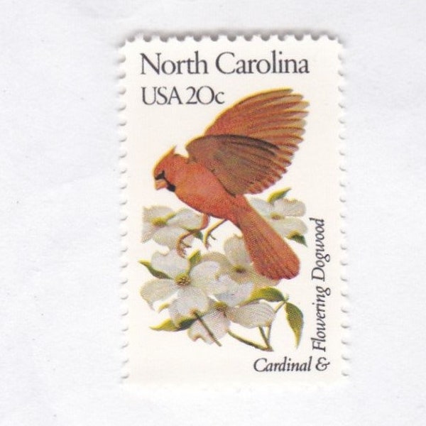 North Carolina State Bird and Flower 20c Unused Vintage 1982 Postage Stamps for Mailing - Collecting - Crafts. Scott Catalog 1985