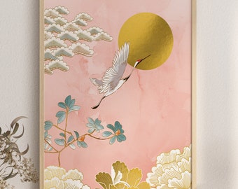 Flying crane wall print, Japanese art illustration, cherry blossom wall decor, crane wall print, bird and golden sun, watercolor bird art