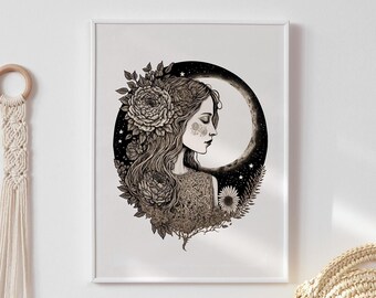 Moon goddess wall art, goddess art, boho feminine art print, woman and flowers wall art, sacred feminine art, full moon wall decor