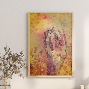 May include: A watercolour painting of a woman with long, flowing hair, standing with her arms raised above her head. The background is a soft yellow and orange with a large, round, orange sun in the top left corner.