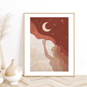 May include: A digital illustration of a woman with long red hair reaching up towards a crescent moon in a starry night sky. The background is a gradient of red, orange, and yellow.