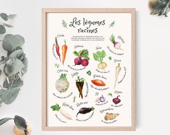 Roots vegetable wall print, watercolor vegetable print, vintage vegetable wall decor, vegan kitchen print, vegetable poster, french food art