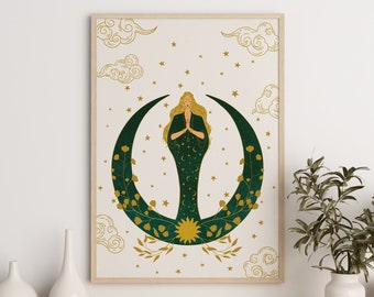 May include: A digital art print featuring a woman in a green dress standing inside a crescent moon with gold stars and floral accents.