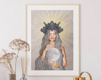 Moon goddess art print, spiritual art, goddess art, goddess print, moon goddess print