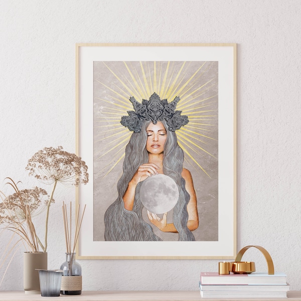 Moon goddess art print, spiritual art, goddess art, goddess print, moon goddess print