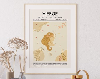 Affiche signe du zodiaque Vierge, poster signe astrologique Vierge, cadeau d'anniversaire signe astrologique