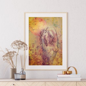 May include: A digital art print depicting a woman with long, flowing hair, standing in a field of flowers. The background is a watercolour wash of yellow, orange, and pink.